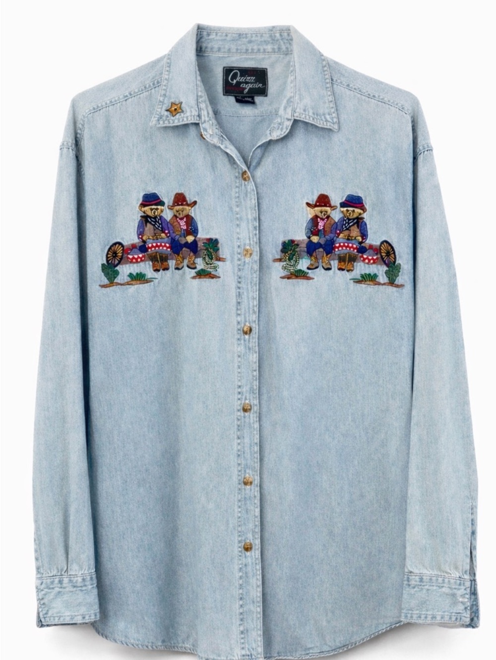 Quizz Again Denim Western Shirt L Embroidered Teddy Bears Cowboy